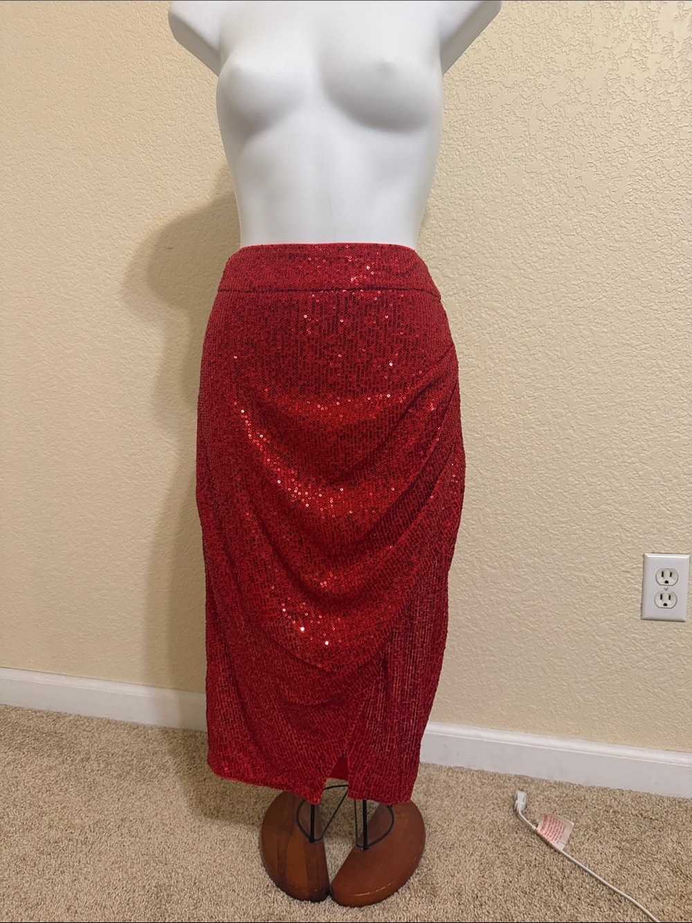 Privy Sz Large (fits like Medium), Red Sequin Draped Pencil Midi Skirt NWT